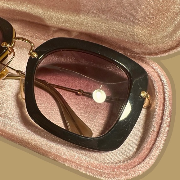 Miu Miu Black & Gold Acetate SMU 07O Square Lense Metal Frame Sunglasses W/ Case - Picture 11 of 16